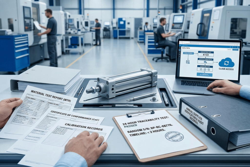 สถานีตรวจสอบคุณภาพอุตสาหกรรมที่แสดงกระบอกลมและเอกสารทางกายภาพและดิจิทัลต่างๆ ที่ใช้ในการตรวจสอบการติดตามวัสดุย้อนกลับได้ ซึ่งรวมถึงเอกสาร MTR แบบกระดาษ กระดานคลิปที่มีผลการทดสอบผ่านสำหรับหมายเลขซีเรียลแบบสุ่ม และแล็ปท็อปที่แสดงแผนผังการไหลของพอร์ทัลคลาวด์ที่ติดตามหมายเลขย้อนกลับไปยังแหล่งที่มาของวัตถุดิบ ป้ายบนแฟ้มระบุว่า "บันทึกการตรวจสอบผู้จัดจำหน่าย" ซึ่งเชื่อมโยงองค์ประกอบภาพเข้ากับบริบทของบทความเกี่ยวกับการตรวจสอบที่เข้มงวด.