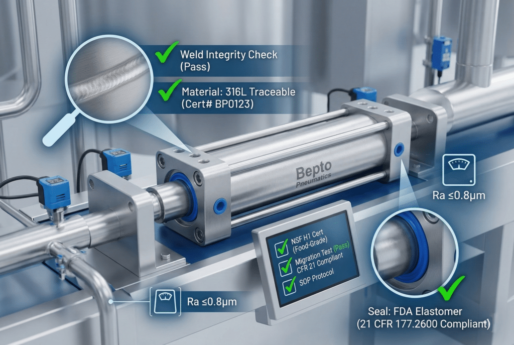 ภาพจำลองทางเทคนิคที่แสดงกระบอกสูบ Bepto Pneumatics ระดับ FDA ภายใต้การตรวจสอบความสอดคล้องทางดิจิทัล โดยเน้นการตรวจสอบย้อนกลับของวัสดุที่ได้รับการยืนยัน การรับรองสารหล่อลื่น NSF H1 และรายงานการทดสอบจากหน่วยงานอิสระ.