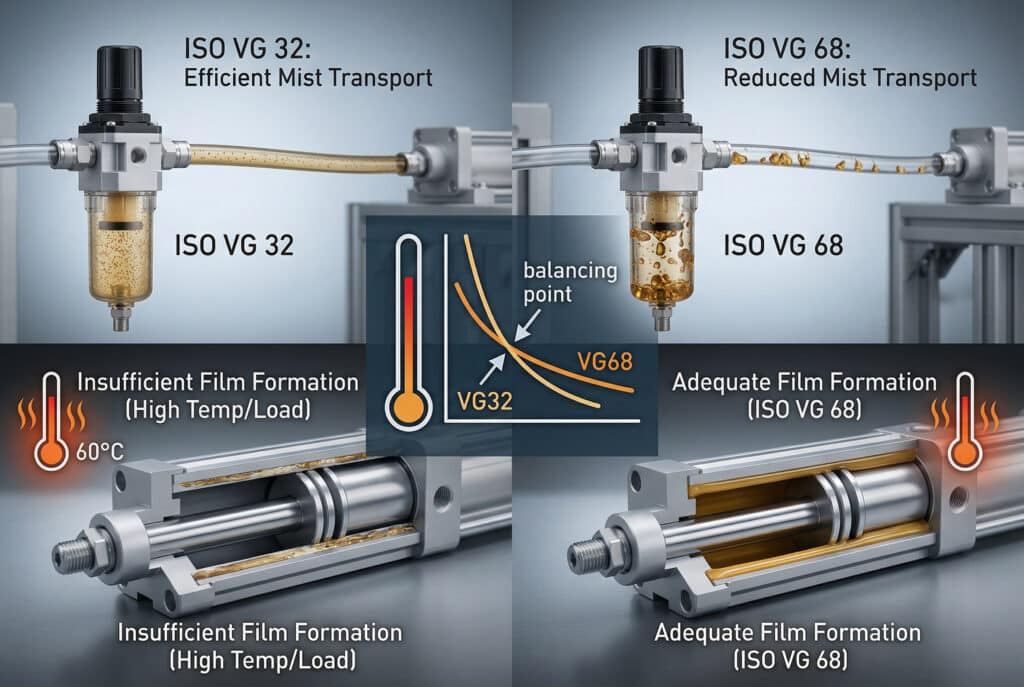 ภาพถ่ายสไตล์อินโฟกราฟิกนี้เปรียบเทียบผลกระทบของน้ำมันหล่อลื่น ISO VG 32 และ ISO VG 68 ต่อชิ้นส่วนในระบบนิวเมติก แสดงให้เห็นว่าในขณะที่ VG32 (ซ้าย) ให้การขนส่งละอองน้ำมันผ่านท่ออากาศได้ดีกว่า แต่จะสร้างฟิล์มหล่อลื่นที่ไม่เพียงพอภายใต้โหลดและอุณหภูมิสูง (60°C) ในทางกลับกัน VG68 (ขวา) แสดงการขนส่งละอองน้ำมันที่ลดลงแต่สามารถสร้างฟิล์มที่สมบูรณ์ได้ภายใต้เงื่อนไขเดียวกันกราฟกลางและสเกลอุณหภูมิเน้นให้เห็นถึงการบาลานซ์ที่จำเป็นเนื่องจากความหนืดลดลงเมื่ออุณหภูมิเพิ่มขึ้น.