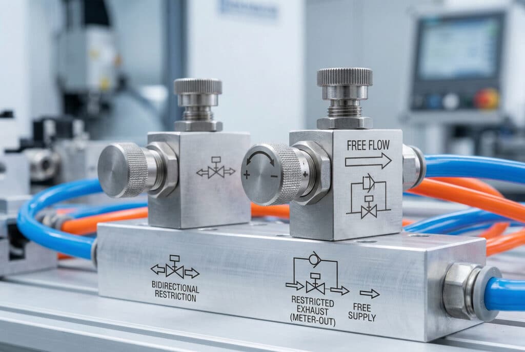 วาล์วควบคุมการไหลแบบนิวแมติกสองตัว หนึ่งตัวเป็นแบบเช็ค-โช้คที่มีลูกศรแสดงทิศทางการไหลที่ชัดเจนสำหรับเส้นทางที่เปิดและปิด และอีกหนึ่งตัวเป็นวาล์วมาตรฐานแบบสองทิศทาง ติดตั้งบนท่อร่วมอะลูมิเนียมเพื่อแสดงถึงความแตกต่างในการทำงานระหว่างการวัดออกและการวัดเข้า.