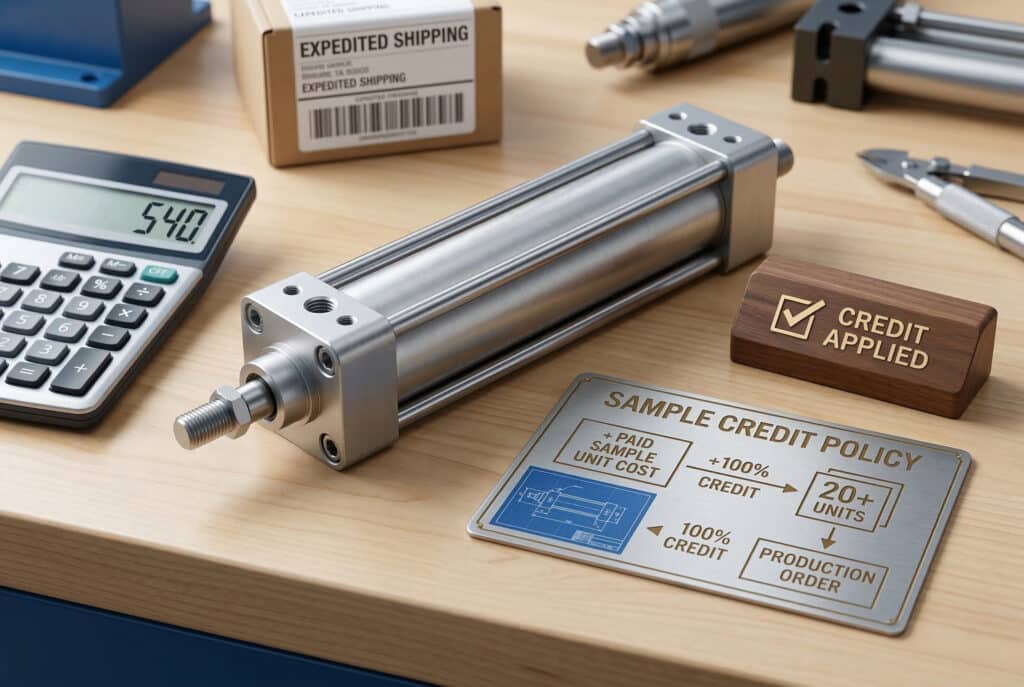 ภาพถ่ายระยะใกล้บนโต๊ะทำงานไม้ในโรงงานที่สะอาด โดดเด่นด้วยตัวอย่างกระบอกสูบนิวแมติกแบบไร้แกนที่แม่นยำวางอยู่บนเครื่องคิดเลขซึ่งแสดงตัวเลข '540' อยู่ แผนผังการไหลบนแผ่นโลหะที่สลักไว้แสดงให้เห็นภาพการเปลี่ยนผ่านของต้นทุนหน่วยตัวอย่างที่ชำระแล้วเป็นเครดิต 100% ที่นำไปใช้กับคำสั่งผลิตที่มีจำนวน 20 หน่วยขึ้นไป โดยแสดงเครื่องหมายถูกและข้อความ '✅ CREDIT APPLIED'กล่องจัดส่งด่วนขนาดเล็กสามารถมองเห็นได้บางส่วนในฉากหลังที่เบลอเล็กน้อย ซึ่งบ่งบอกถึงกระบวนการที่มีประสิทธิภาพ ภาพนี้มีโทนที่มืออาชีพและมั่นใจ แสดงให้เห็นถึงราคาที่ยุติธรรมและนโยบายเครดิตที่กล่าวถึงในบทความ ไม่มีผู้คนอยู่ในกรอบภาพ.
