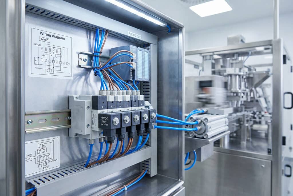 工業控制櫃的開放視圖，其特色為 24VDC 氣動電磁閥連接至明確標示「24VDC」的接線圖，以及背景機械中正在運轉的氣壓缸。這個場景說明了 24VDC 控制在現代自動化系統中的整合。.