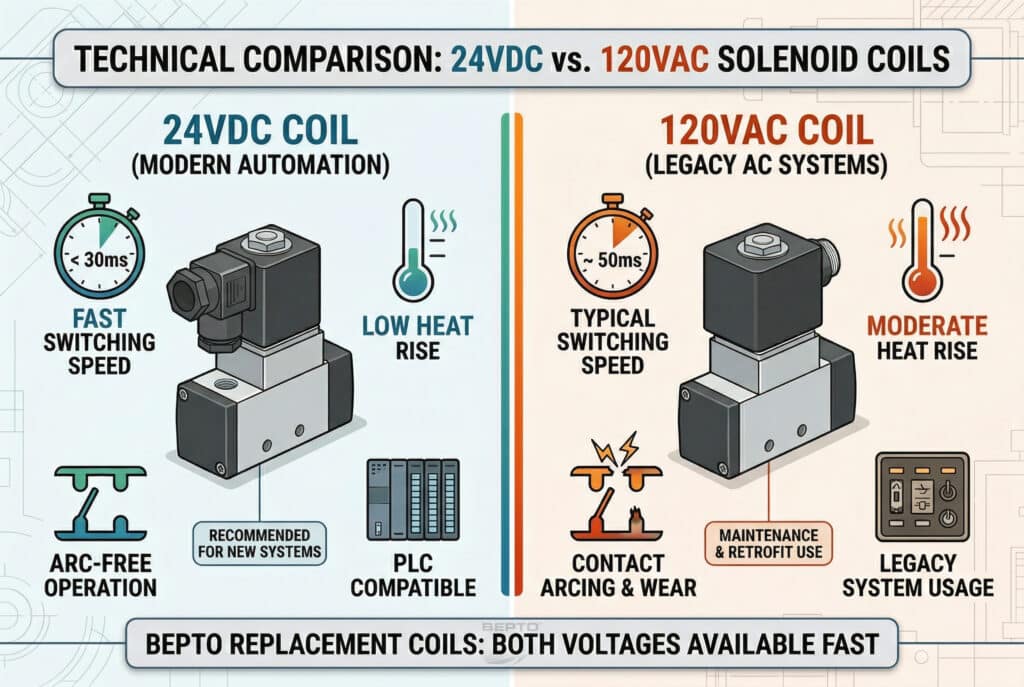 24VDC 電磁線圈與 120VAC 電磁線圈的並列技術資訊圖表。左側面板顯示的是 24VDC 線圈，帶有冷藍色重點、適用於現代系統的高兼容性圖示、快速切換 (<30ms) 和低熱量圖示。右側面板顯示的是 120VAC 線圈，帶有較暖的橙色重點、適用於舊系統的圖示、較慢的切換速度 (~50ms) 和較高的發熱量圖示。兩個部分都在底部強調 Bepto 的快速更換庫存可用性。該比較直觀地總結了文章的數據。.