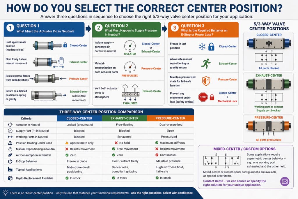 Technical decision-tree infographic for selecting the correct 5/3-way pneumatic valve center position, comparing closed-center, exhaust-center, and pressure-center options based on neutral actuator behavior, supply pressure handling, and emergency-stop requirements.