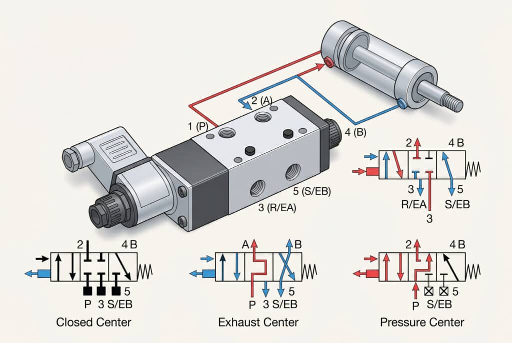 Detailed technical diagram of a 5/3-way pneumatic valve, visually illustrating the function of all five ports and specifically detailing the three critical center position configurations — Closed Center, Exhaust Center, and Pressure Center — as described in the user text, with corresponding flow diagrams for each state. This component controls a double-acting cylinder, which is shown in the background.