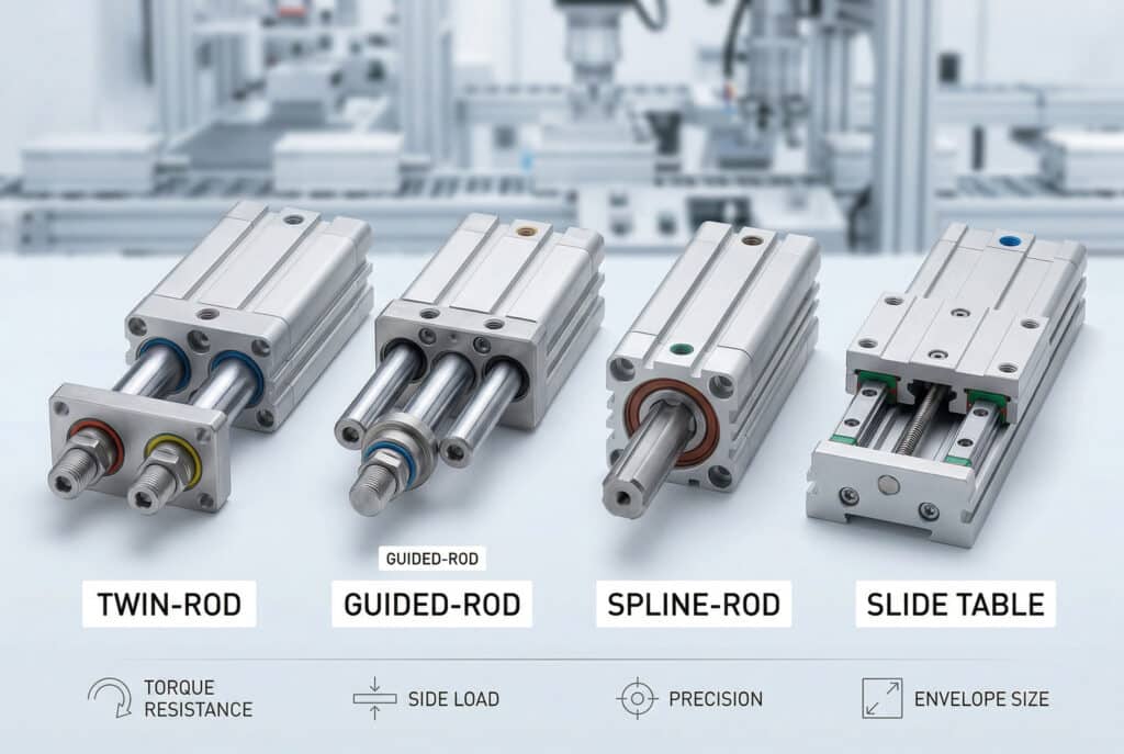 A comparative product photograph displaying four distinct anti-rotation pneumatic cylinder designs (twin-rod, guided-rod, spline-rod, slide table) horizontally arranged, each clearly labeled with a simple descriptive icon for performance metrics (torque, side load, precision, envelope). This visual serves as a quick-reference guide for application selection.