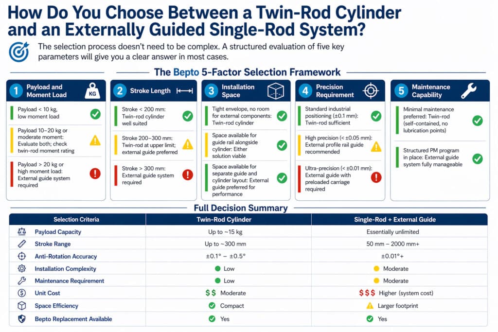 Structured selection infographic explaining how payload, stroke length, installation space, precision requirement, and maintenance capability determine whether to choose a twin-rod cylinder or a single-rod cylinder with an external guide.