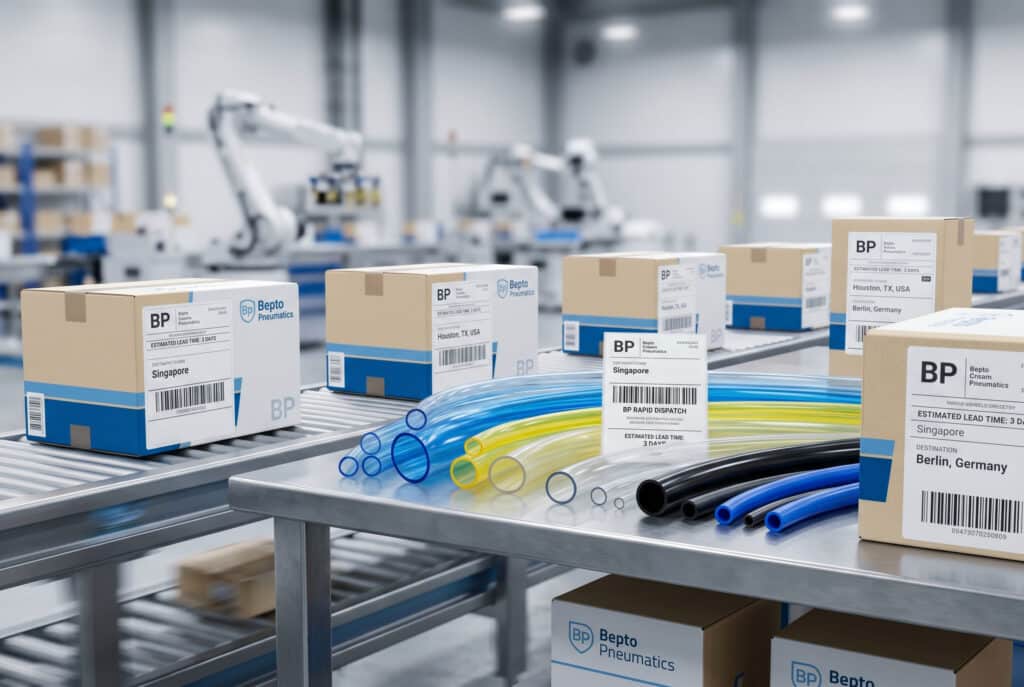 Professional close-up photograph of a clean, automated distribution area, featuring curated coils of flexible Polyurethane (PU) and Nylon pneumatic tubing in various colors and sizes, alongside custom 'Bepto Pneumatics' branded shipping boxes. The boxes are neatly labeled with precise global addresses and barcodes for destinations like Berlin, Singapore, and Houston, with one label clearly indicating 'RAPID DISPATCH', symbolizing the company's commitment to short lead times and international trade. A robotic arm in the blurred background reinforces modern efficiency.