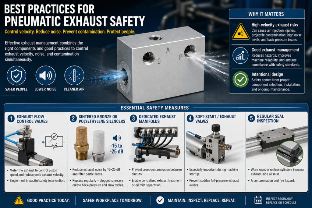 Biểu đồ thông tin về an toàn công nghiệp trình bày các phương pháp thực hành tốt nhất trong lĩnh vực an toàn hệ thống xả khí nén, bao gồm van điều khiển lưu lượng xả, bộ giảm âm, ống xả chuyên dụng, van xả khởi động từ từ, và việc kiểm tra định kỳ các bộ phận làm kín nhằm giảm thiểu các rủi ro liên quan đến tốc độ dòng chảy, tiếng ồn, ô nhiễm và áp suất ngược.