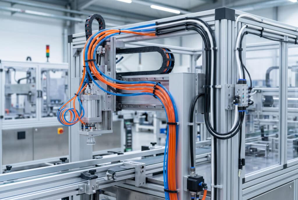 A professional photograph of custom packaging machinery, featuring flexible blue and orange Polyurethane (PU) tubes routed for dynamic motion along a robotic arm and rigid black and white Nylon tubes used for static routing along the machine frame, illustrating a simple decision framework.