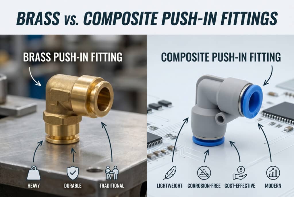 ภาพเปรียบเทียบทางสายตา โดยไม่มีบุคคล แสดงให้เห็นความแตกต่างหลักระหว่างข้อต่อแบบกดทองเหลืองบนพื้นผิวเชิงกลกับข้อต่อแบบกดคอมโพสิต (ไนลอน) บนพื้นผิวสายการผลิตอัตโนมัติที่สะอาด ข้อดีหลักของข้อต่อคอมโพสิต เช่น การออกแบบที่มีน้ำหนักเบา ความคุ้มค่า และความต้านทานการกัดกร่อน ได้รับการเน้นย้ำในสไตล์ที่เป็นมืออาชีพและให้ความรู้ ข้อความในภาพถูกต้อง.