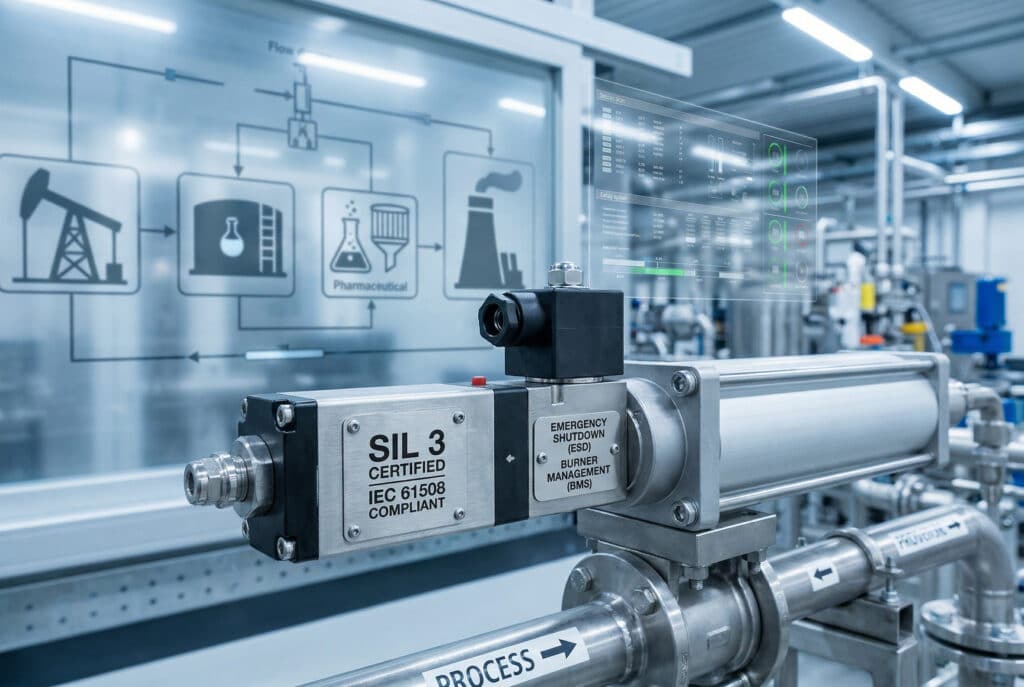 Fotografía industrial de alta resolución de un robusto actuador neumático controlado por una electroválvula SIL integrada. La válvula tiene etiquetas metálicas distintivas en las que se lee claramente 'SIL 3 CERTIFIED' y 'IEC 61508 COMPLIANT', con otra que indica aplicaciones como 'EMERGENCY SHUTDOWN (ESD)' y 'BURNER MANAGEMENT (BMS)'. Está montado en las tuberías de una sección profesional de una planta química. En el fondo difuminado, un tablero de diagrama de flujo transparente muestra sutilmente iconos de las industrias del petróleo y el gas, química, farmacéutica, de salas blancas y de generación de energía, junto con superposiciones de datos digitales que indican el estado del sistema y las métricas de fiabilidad.