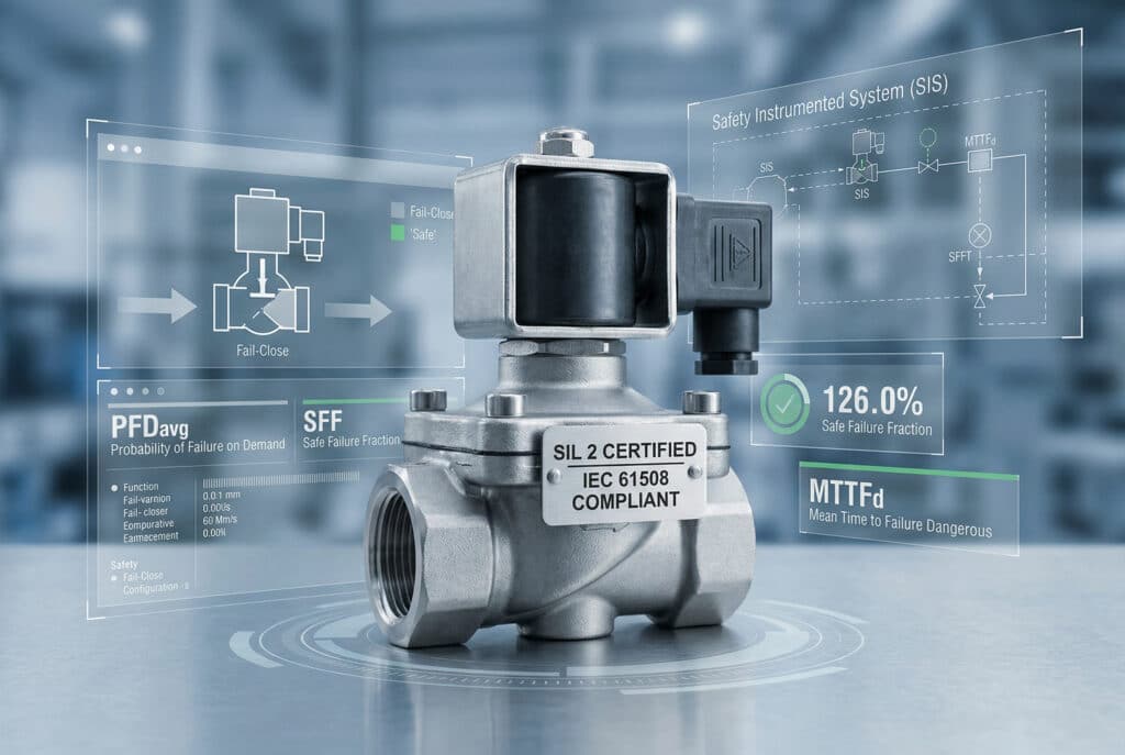 Fotografía profesional de una electroválvula metálica industrial sobre una mesa metálica, con una placa de identificación 'SIL 2 CERTIFIED' y 'IEC 61508 COMPLIANT'. El fondo industrial difuminado se superpone a una sofisticada interfaz holográfica que muestra datos y esquemas en tiempo real. Los componentes clave de la superposición incluyen un esquema de válvula 'Fail-Close', un diagrama de 'Sistema Instrumentado de Seguridad (SIS)', medidas de rendimiento de seguridad como 'PFDavg' y 'SFF', un valor de 'Fracción de fallo seguro 126,0%' y una lista de parámetros de rendimiento, que ilustran la seguridad integrada y el diagnóstico para las modernas industrias de procesos.