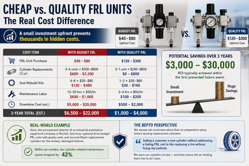 Infografia de comparação de custos que mostra unidades FRL económicas versus unidades FRL de qualidade, destacando como um investimento inicial mais elevado pode reduzir as substituições de cilindros, as reparações de vedantes, a mão de obra, o tempo de inatividade e os custos totais do sistema pneumático em 3 anos.