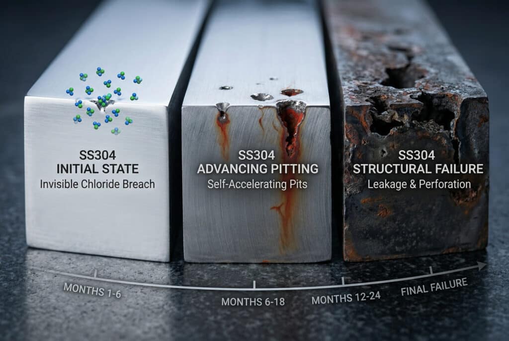 SS304空気圧機器壁の連続した切断断面を示す連続マクロ写真。目に見えない塩化物による腐食、加速するピット形成、最終的な構造破壊が時系列で図示されている。.