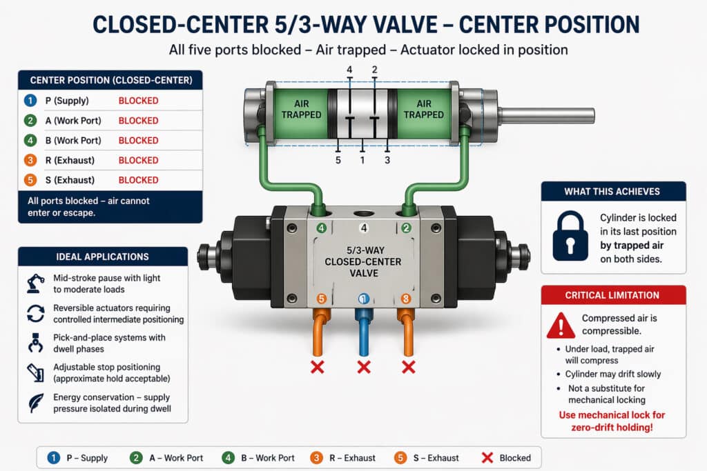 Technical infographic showing a closed-center 5/3-way pneumatic valve in neutral position, with all five ports blocked and air trapped on both sides of the cylinder to illustrate when this valve type is used for mid-stroke position holding and why drift can still occur under load.