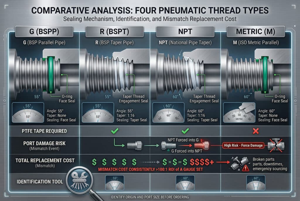 แผนผังทางเทคนิคเปรียบเทียบที่แม่นยำ แสดงสี่คอลัมน์แนวตั้งสำหรับเกลียวลม G (BSPP), R (BSPT), NPT และ METRIC (M)แต่ละคอลัมน์แสดงรายละเอียดของหน้าตัดของโปรไฟล์เกลียว, มุมเฉพาะ, ความลาดเอียง, วิธีการซีล (เน้นการซีลหน้าโอริงสำหรับ G และเมตริก; การจับคู่เกลียวแบบเรียวกับเทป PTFE สำหรับ R และ NPT), และภาพกราฟิกขนาดเล็กของชุดเกจวัดเกลียวที่ใช้ในการวัดโปรไฟล์ที่ด้านล่าง ตารางเปรียบเทียบแสดง "ต้นทุนการเปลี่ยนทั้งหมด (กรณีไม่ตรงกัน)" พร้อมสเกลที่แสดงสัญลักษณ์ต่ำ (เช่น $) สำหรับการติดตั้งที่ถูกต้อง และสัญลักษณ์สูง (เช่น +) ที่เชื่อมโยงกับตัววาล์วที่เสียหาย พร้อมกราฟิกแสดงชิ้นส่วนที่เสียหาย ระยะเวลาที่หยุดทำงาน และการจัดหาฉุกเฉิน ภาพเน้นให้เห็นถึงต้นทุนที่สูงของเกลียวที่ไม่ตรงกันเมื่อเทียบกับต้นทุนที่ต่ำของชุดเกจวัดสากลสำหรับการระบุค่า.
