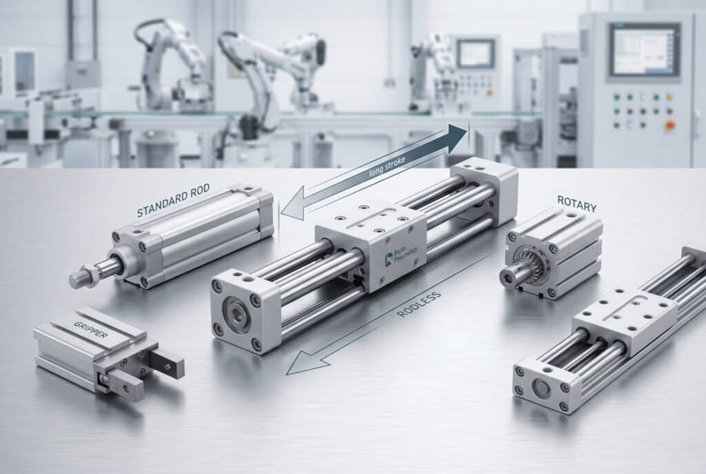 A modern, clean photograph of an industrial workshop surface displaying various types of pneumatic actuators, including standard rod cylinders, rotary actuators, and grippers. Prominently in the center is a mechanically coupled rodless cylinder, marked with a small Bepto logo. A subtle graphic overlay indicates the long-stroke linear motion path on the rodless unit, emphasizing its distinct design. The components are aluminum and steel, well-lit to highlight their precision-machined textures. A clean factory background is blurred. Proportions 3:2. Text on parts is accurate and in English only.
