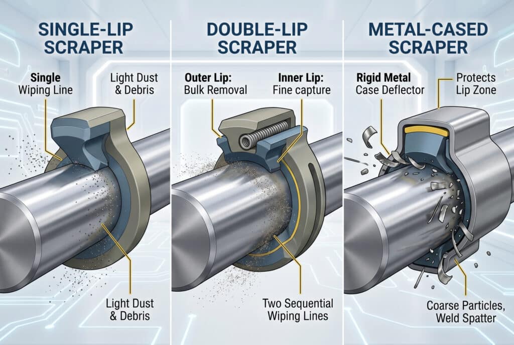 A dynamic close-up photograph comparing the different wiping and deflecting actions of single-lip, double-lip, and metal-cased rod scrapers on a polished steel rod, illustrating how their respective geometries and features handle fine dust, bulk contamination, and large debris.