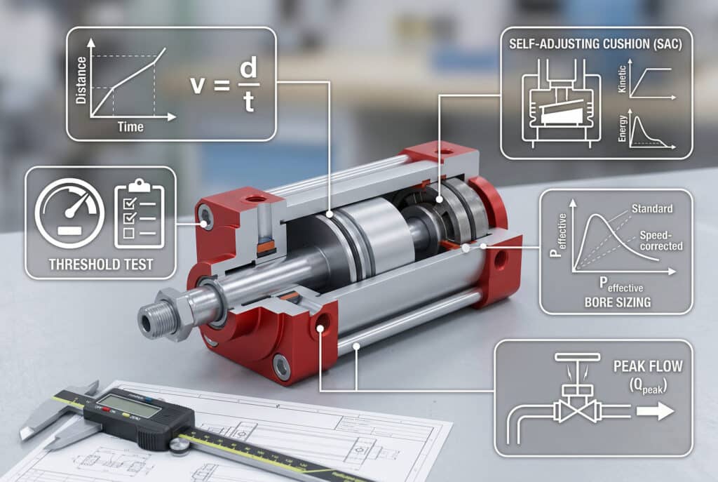 ภาพประกอบทางเทคนิคแบบผสมที่แสดงขั้นตอนทั้งห้าสำหรับการระบุกระบอกสูบนิวเมติกความเร็วสูง มุมมองตัดขวางของกระบอกสูบความเร็วสูงอยู่ตรงกลาง ล้อมรอบด้วยไอคอนกราฟิกที่ชัดเจนซึ่งแสดงการคำนวณความเร็วของลูกสูบ การทดสอบเกณฑ์ การเลือกตัวกันกระแทกแบบปรับตัวเอง การปรับขนาดรูเจาะตามความเร็ว และการวิเคราะห์อัตราการไหลสูงสุดสำหรับการควบคุมการไหลที่ถูกต้อง ไม่มีป้ายข้อความภายในกราฟิก.
