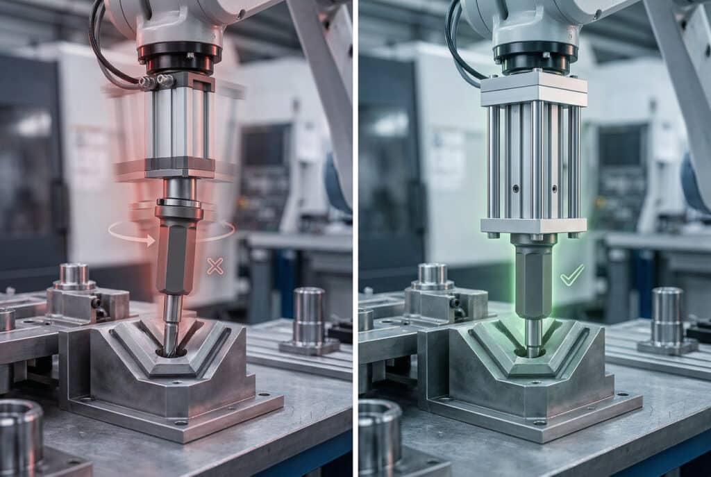 A split-panel industrial allegory photography. The left panel shows a complex robotic end-effector misaligned and twisting during a pressing operation, marked with a red 'X', conceptually illustrating uncontrolled rotation in a standard actuator application. The right panel shows the identical end-effector perfectly aligned and stable, demonstrating precise linear motion with zero rotation thanks to a conceptually integrated guiding mechanism, marked with a green checkmark. The factory setting provides realistic context.
