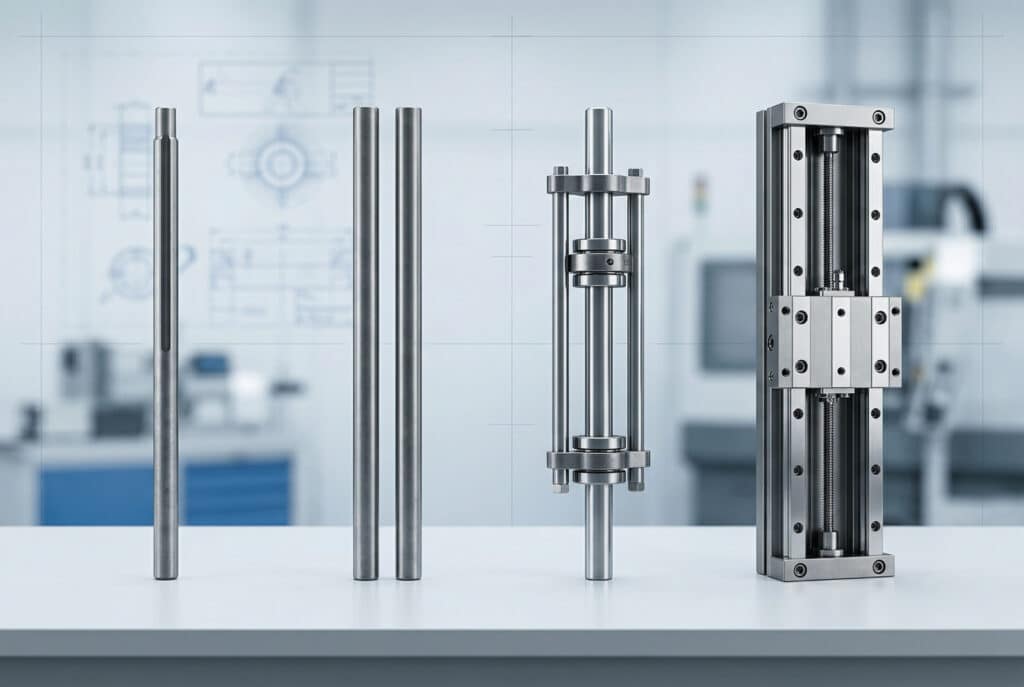 An artistic engineering allegory photograph presenting four abstract mechanical structures arranged horizontally, moving from left to right, representing varying levels of mechanical complexity, rigidity, and implied cost. The structures grow increasingly complex from a single rod with a basic spline keyway to parallel rods, a rod with external guides and bearings, and finally, a sophisticated, integrated slide table carriage on rails, illustrating the range of anti-rotation designs discussed without any text, labels, or real products.