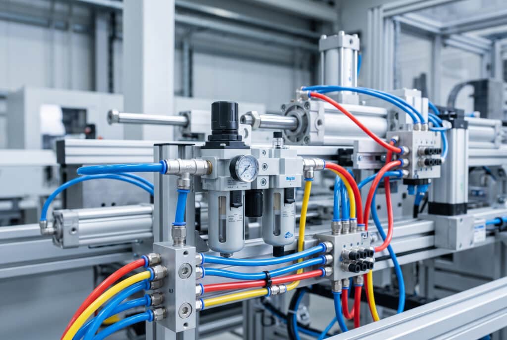 A detailed close-up photograph of core components within an operational industrial pneumatic system. Centered is a compact aluminum manifold block with multiple push-in fittings, each connected to distinct color-coded polyurethane tubing (blue, red, yellow). Flanking it is a prominent FRL (Filter-Regulator-Lubricator) air preparation unit with a clear filter bowl, a pressure regulator dial with an accurate gauge showing pressure, and an oil lubricator bowl. In the slightly blurred background, a couple of modern pneumatic linear actuator cylinders are connected via tubing. The entire assembly is clean and modern, set in a clean industrial facility environment. The lighting is clean and directional, highlighting the textures of metal, plastic, and transparent parts.