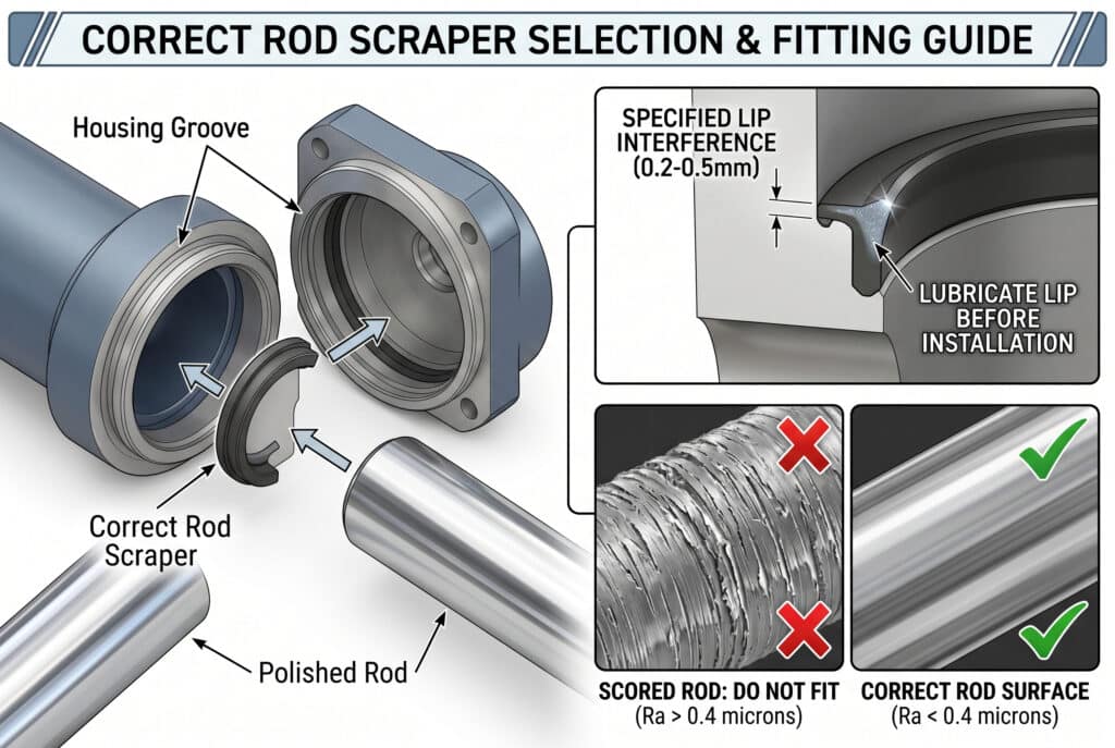 A detailed technical illustration and diagram (3:2 ratio) visually guiding the correct selection and fitting of a dynamic cylinder rod scraper. The image includes an exploded view showing correct component orientation, magnified cross-sections for critical specifications like "SPECIFIED LIP INTERFERENCE (0.2-0.5mm)" with lubrication instruction, and a microscope-level comparison between a damaged "SCORED ROD (Ra > 0.4 microns)" that should not be fitted and a perfect "CORRECT ROD SURFACE (Ra < 0.4 microns)". Professional schematic layout with clean textures and precise English labels, ensuring high accuracy for technical fitting procedures.