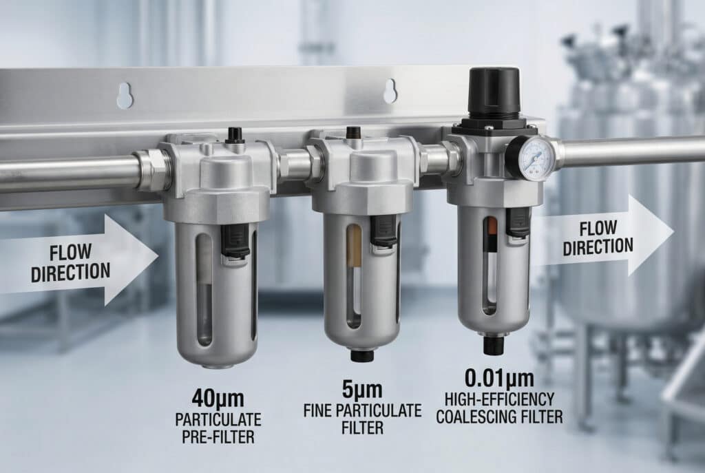 Fotografía de alta resolución de una secuencia de filtración de aire comprimido en tres etapas instalada en una pared industrial texturizada. Los filtros están conectados de izquierda a derecha mediante tubos plateados con flechas integradas y el texto "DIRECCIÓN DEL FLUJO", mostrando el orden correcto de instalación: primero un prefiltro de partículas de 40 µm, seguido de un filtro de partículas finas de 5 µm y, por último, un filtro coalescente de alta eficiencia de 0,01 µm con un manómetro diferencial visible, colocado sobre un fondo borroso de una línea de procesamiento industrial limpia.