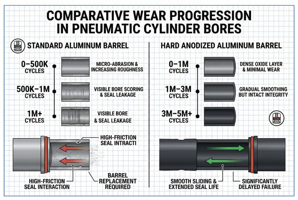 比較標準與硬陽極化鋁製缸筒使用週期的技術資訊圖表。左側標題為「標準鋁缸筒」，可視化時間軸顯示在 0-1M 循環期間的微磨損、粗糙度增加、內孔刻痕和密封洩漏，導致「需要更換缸筒」。在右側，標題為「硬質陽極處理鋁殼」，時間線顯示出最小磨損、維持完整性、平滑滑動，以及在 0-5M+ 循環中延長密封壽命，導致「顯著延遲故障」。兩側均以活塞密封相互作用為特色，高摩擦箭頭為標準，平滑箭頭為硬陽極處理。圖表與文章的核心技術比較一致。.