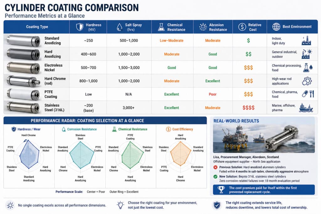 Infografia de comparação de revestimentos de cilindros que mostra a dureza, a resistência à névoa salina, a resistência química, a resistência à abrasão, o custo relativo e os melhores ambientes de aplicação para anodização standard, anodização dura, níquel electroless, crómio duro, revestimento PTFE e aço inoxidável 316L.