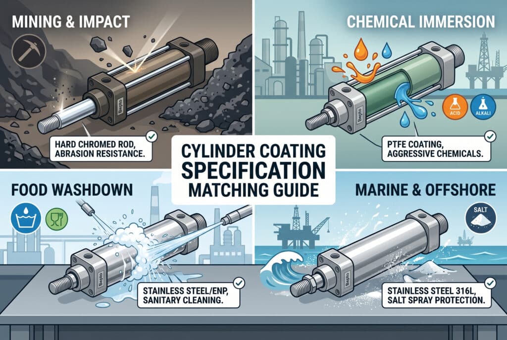 Um guia infográfico ilustrativo de quatro painéis apresentado numa bancada de trabalho industrial. Cada painel mostra um cilindro pneumático específico devidamente revestido para um ambiente rigoroso correspondente, com etiquetas inglesas precisas. Em cima à esquerda: Um cilindro anodizado com uma haste de cromo duro num ambiente mineiro com poeira e impacto. Em cima à direita: Um cilindro revestido a PTFE resiste a gotículas de ácido numa fábrica de produtos químicos. Em baixo à esquerda: Um cilindro de aço inoxidável que resiste a espuma e a jactos de água numa fábrica de lavagem de alimentos. Em baixo à direita: Um cilindro de aço inoxidável 316L perto de ondas agitadas e crostas de sal numa plataforma marítima offshore. Um título central diz: "CYLINDER COATING SPECIFICATION MATCHING GUIDE", com pequenas marcas de verificação e etiquetas "Bepto" nos componentes. Sem figuras.