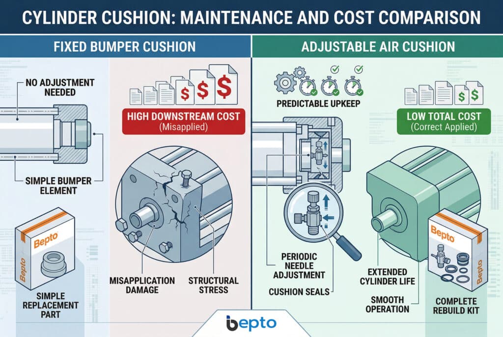 一張工程資訊圖表，比較氣壓缸中固定保險桿和可調式氣墊的維護與總成本，採用專業且資訊豐富的示意圖風格，圖中沒有人形。圖片分為兩部分："固定式防撞墊」（左）和「可調式氣墊」（右）。左邊的部分是一個簡單的圓筒端蓋橫切面，標示著「NO ADJUSTMENT NEEDED」和「SIMPLE BUMPER ELEMENT」。在其旁邊，有一張機架破裂損壞、螺栓鬆脫的視覺圖像，標有「MISAPPLICATION DAMAGE」和「STRUCTURAL STRESS」字樣。在此之上，顯示出一疊不斷增加的文件圖示，上面的美元符號不斷增加，並有一個大紅色橫幅，上面寫著："HIGH DOWNSTREAM COST (Misapplied)「 和 」HIDDEN STRUCTURAL COST"。顯示出一個「Bepto」品牌的方塊，內含單一簡單的替換保險桿元件。右邊部分展示了一個較複雜的汽缸端蓋橫切面，放大鏡聚焦在一個可調節的針閥和箭頭上，標有「週期性針閥調整」和「墊圈密封」。在其旁邊，顯示了一個完好且穩定的機器框架，標示著「Extended CYLINDER LIFE」和「SMOOTH OPERATION」。在此之上，一個視覺隱喻顯示出一小疊一致的文件圖示，上面有較小的美元符號和一個綠色的文字橫幅，內容如下："低總成本（正確應用）」和「計畫性維修節省」。在其上方，包括齒輪、計時器和小「✓」勾號的圖示，代表「可預測的維修」。顯示「Bepto」品牌的盒子，內含完整的重建套件，包括針閥、密封件和 O 型環。所有英文文字都正確拼寫為 100%，而且沒有人形或人臉。Bepto 標誌出現在兩個盒子上和底部中央，背景是技術圖案。風格簡潔、精確、資訊豐富。.