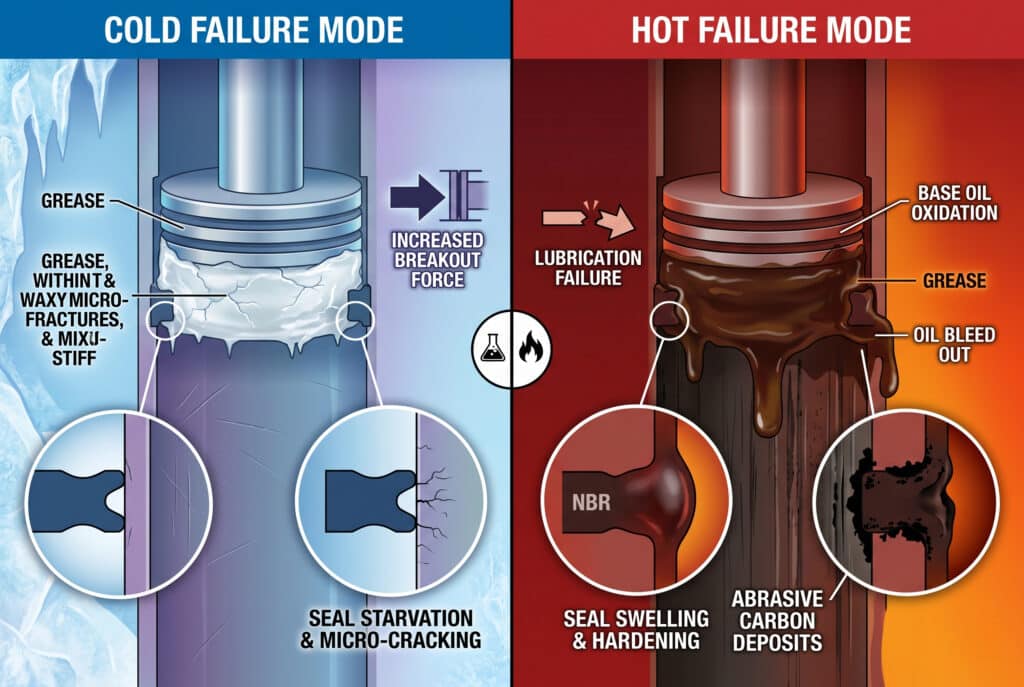 技術比較圖說明了氣壓缸潤滑脂在極端溫度下的兩種截然不同的失效模式。左側顯示的是低溫失效，硬化的潤滑脂會導致滲出力增加、密封件餓死以及 NBR 密封唇與內孔間的微裂縫。右側顯示的是高溫失效，詳細說明了基礎油氧化、滲油、密封件膨脹以及導致內孔刻痕的磨蝕性碳沉積物。.