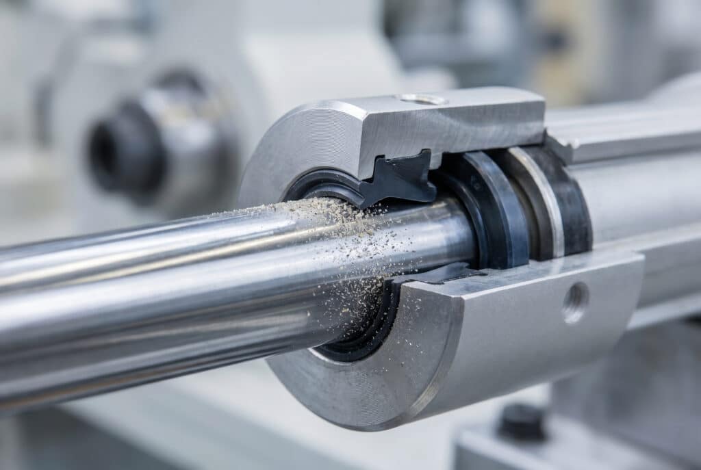 A dynamic close-up photograph illustrating the functioning mechanism of a cylinder rod scraper: a flexible elastomer lip maintains continuous radial contact with a polished steel rod, deflecting and wiping abrasive particles (like sand/dust) away from the rod surface as it retracts into the cylinder cap, preventing contamination of internal seals.