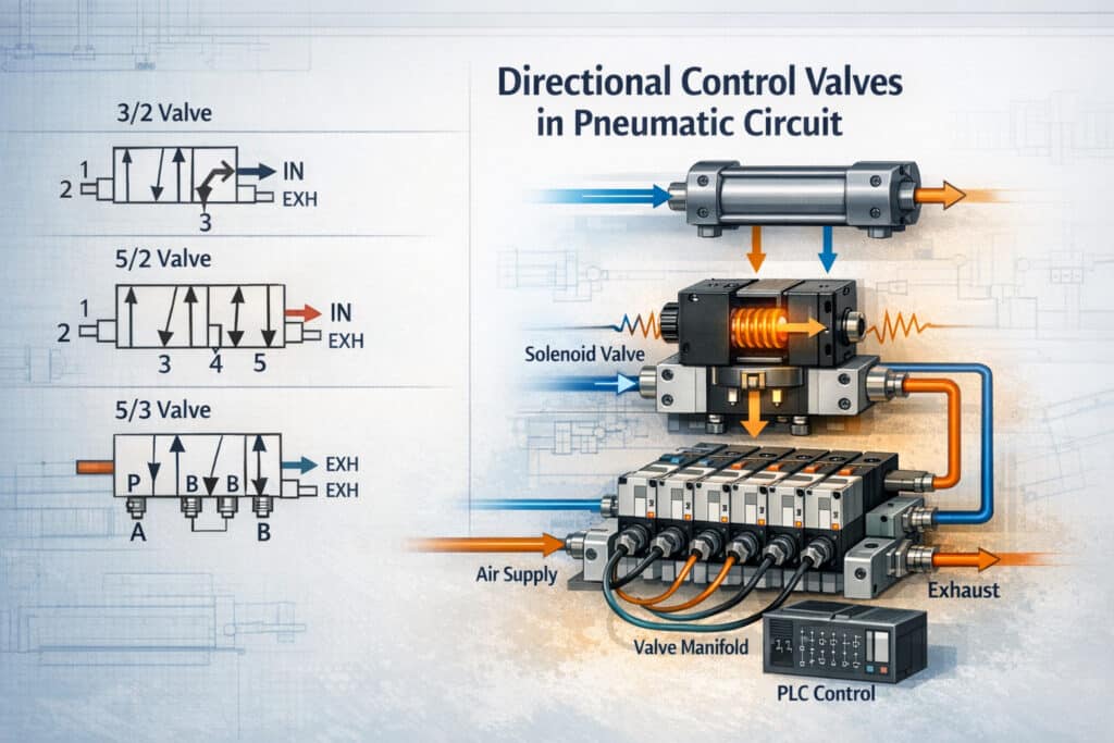 Technical feature illustration explaining how directional control valves route compressed air in a pneumatic circuit, showing 3/2, 5/2, and 5/3 valve configurations alongside a solenoid valve, cylinder, and valve manifold to support the article’s explanation of airflow switching and valve selection.