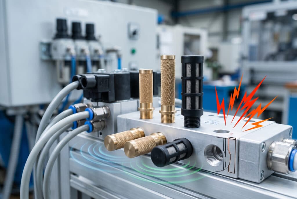 은색 매니폴드 블록에 장착된 여러 종류의 공압 소음기(청동 및 플라스틱)에 초점을 맞춘 고해상도 산업 제품 사진입니다. 통합 그래픽 오버레이는 설치된 소음기에서 방사되는 부드러운 녹색 동심원을 묘사하여 소음 수준이 크게 감소했음을 상징하고, 열린 포트 근처의 날카로운 빨간색 번개 아이콘은 음소거되지 않은 거친 배기음을 나타냅니다. 배경에는 흐릿한 공장 기계가 표시되어 더 조용하고 규정을 준수하는 산업 환경을 조성하는 데 있어 부품의 중요한 역할을 강조합니다.