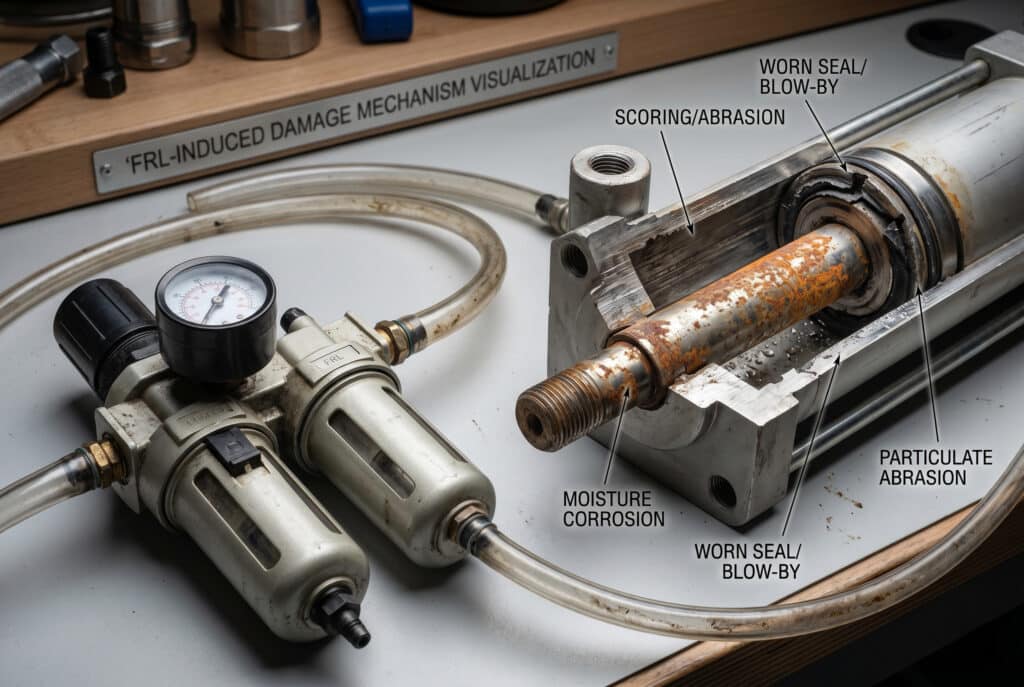 Uma visualização técnica de alta resolução que mostra uma unidade FRL de baixa qualidade ligada através de linhas contaminadas a um cilindro pneumático em corte. Etiquetas internas pormenorizadas, incluindo 'CORROSÃO DE HUMIDADE' e 'ESCALA/ABRASÃO', ilustram como uma filtragem de ar deficiente acelera o desgaste e a avaria do cilindro, ligando o visual diretamente à tese do artigo sobre a qualidade do ar comprimido.