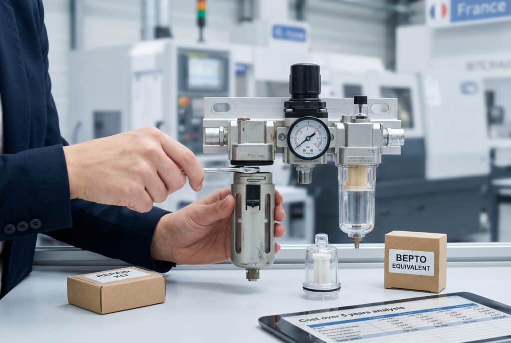 Una fotografía enfocada, en primer plano, que ilustra el mantenimiento de un FRL modular, en el que sólo se retira la cubeta del filtro, mientras se ve un kit de reparación 'BEPTO EQUIVALENT' en caja y una tableta que muestra el análisis de costes a largo plazo, en contraste con la sustitución de toda la unidad necesaria para las unidades independientes.