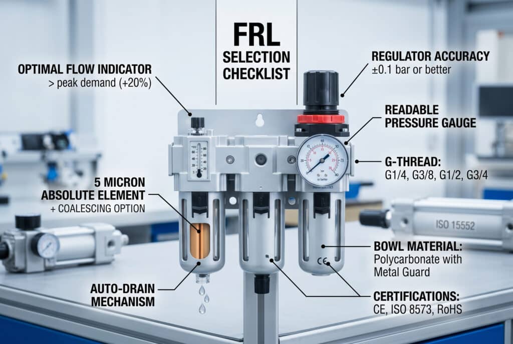 Um guia visual técnico preciso que apresenta uma unidade FRL modular profissional numa bancada de trabalho. Etiquetas claras em inglês apontam para especificações essenciais para a lista de verificação de um gestor de aquisições: Indicador de caudal, filtro absoluto de 5 mícrones, drenagem automática, precisão do regulador, manómetro legível, tamanho do orifício, material do recipiente e certificações, demonstrando como selecionar a unidade correta para proteger os sistemas pneumáticos.