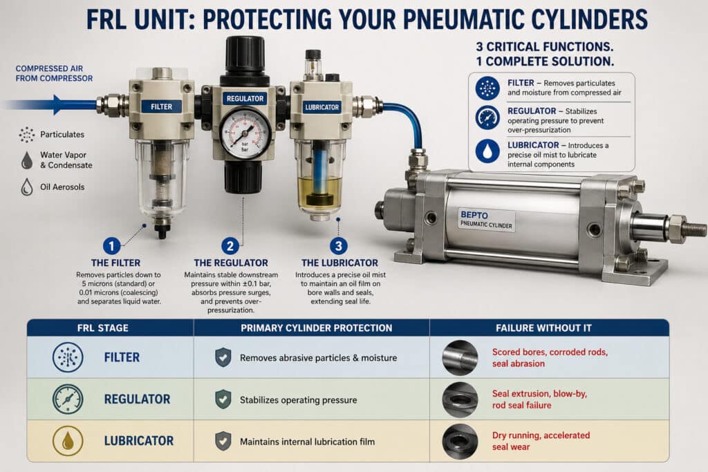 Infografia técnica que mostra uma unidade Filtro-Regulador-Lubrificador ligada a um cilindro pneumático, explicando como a filtragem, a regulação da pressão e a lubrificação por névoa de óleo protegem as vedações, os furos e as hastes do cilindro contra contaminação, picos de pressão e funcionamento a seco.