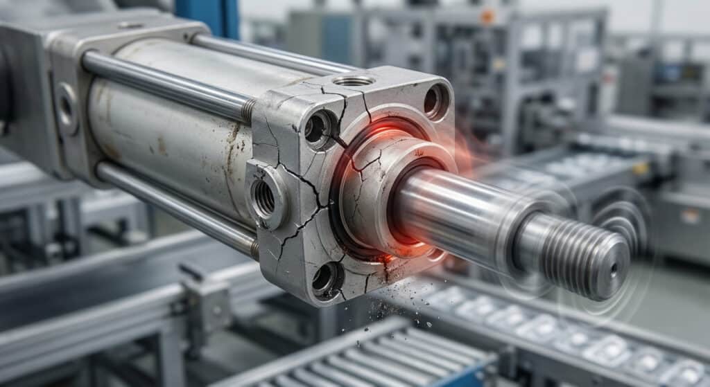 กระบอกลมมาตรฐานแตกและสั่นสะเทือนเนื่องจากความเร็วเกินบนแขนเครื่องบรรจุอัตโนมัติ แสดงให้เห็นการแตกร้าวของฝาปิด การกระแทกแรง และรูปแบบความล้มเหลวความเร็วสูงที่กำลังจะเกิดขึ้น.