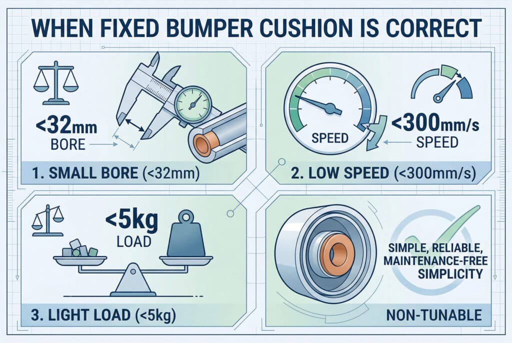 題為「當固定式保險桿靠墊是正確的時候」的工程資訊圖表，以技術藍圖為背景，呈現出具有連貫性的視覺效果，四個不同的面板可視化所提供文字中的適當標準：小孔径 (<32mm)、低速度 (<300mm/s)、輕負荷 (<5kg) 以及免維護的簡易性。所有數值、文字和圖示都以專業方式整合，並採用藍色/綠色/白色/橙色的工程配色方案。.