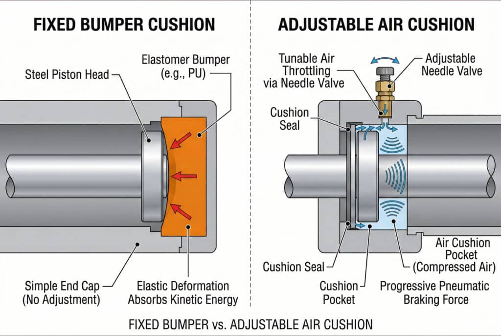 比較圖解說明固定式保險桿緩衝器與可調式氣墊之間的機械差異，前者利用彈性變形吸收能量，而後者則利用針閥節流壓縮空氣以進行漸進式煞車。.