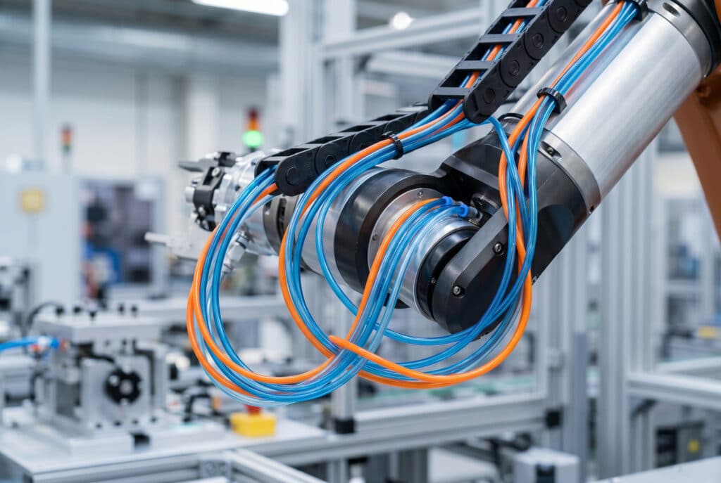 Close-up of flexible blue and orange polyurethane (PU) pneumatic tubing routed on a robotic arm and through a drag chain, demonstrating its tight bend radius and suitability for dynamic automation applications.