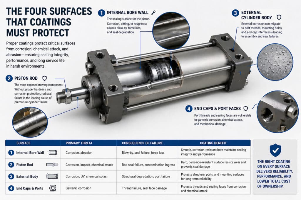 Infografia técnica que mostra as quatro superfícies críticas dos cilindros pneumáticos que requerem revestimentos protectores, incluindo a parede interna do furo, a haste do pistão, o corpo externo e as tampas das extremidades, explicando como os revestimentos previnem a corrosão, a falha do vedante, a abrasão e a avaria prematura do cilindro.