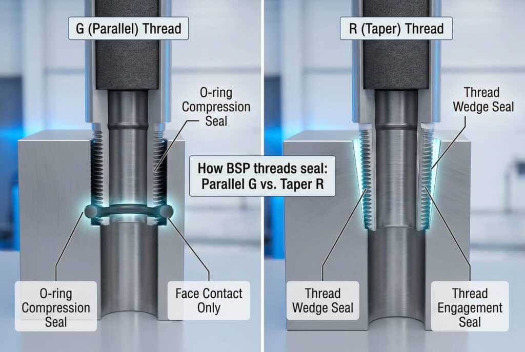 แผนภูมิเปรียบเทียบที่แสดงให้เห็นความแตกต่างระหว่างเกลียว BSP Parallel (G) และ BSP Taper (R) ในการสร้างซีล แผงซ้ายแสดงตัวเก็บเสียงเกลียว G ที่สร้างซีลผ่านโอริงที่ถูกบีบอัดกับหน้าพอร์ต เน้นการสัมผัสกับพื้นผิว แผงขวาแสดงตัวเก็บเสียงเกลียว R ที่สร้างซีลผ่านการบีบอัดของเกลียวที่ทำงานตามความยาวของเกลียว.