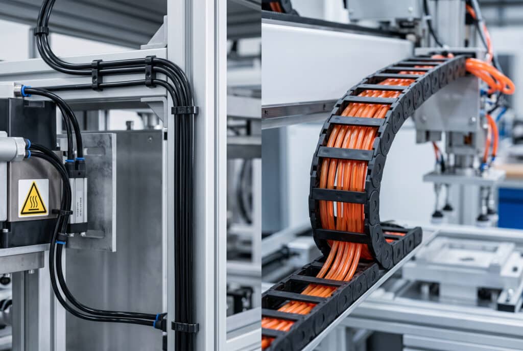 A split-screen comparison photograph showing static, black Nylon tubing rigidly routed near a high-heat component (left), and flexible, blue PU tubing dynamically moving within a cable carrier on a robotic arm (right).