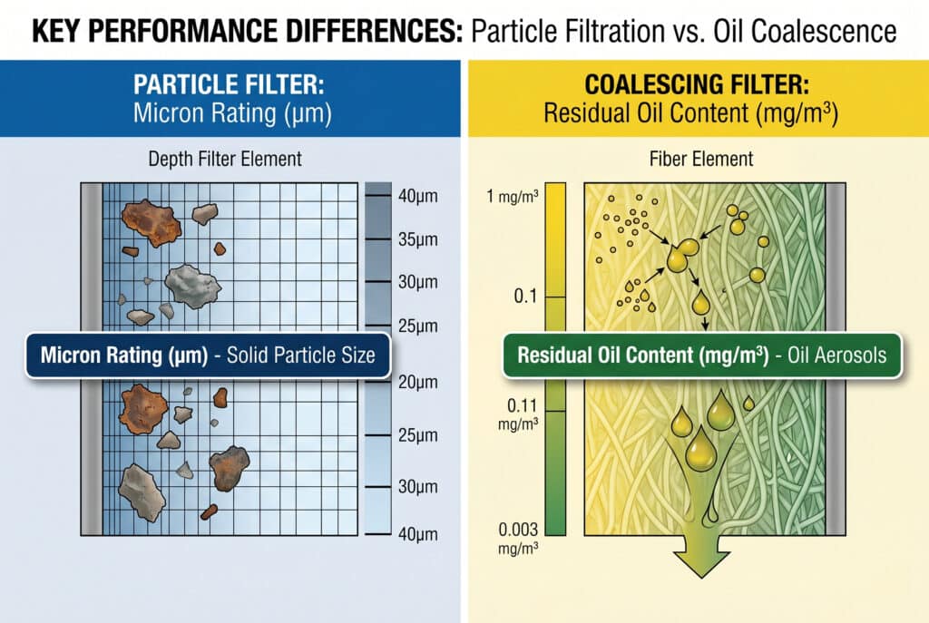 Diagrama comparativo en el que se ilustran las principales diferencias de rendimiento entre los filtros de partículas de aire comprimido (medidos por el índice de micras en µm para la eliminación de partículas sólidas) y los filtros coalescentes de aceite (medidos por el índice de contenido de aceite residual en mg/m³ para los aerosoles de aceite). El lado del filtro de partículas muestra una malla que captura polvo y óxido de distintos tamaños, con un gráfico de micras a partículas. El lado del filtro coalescente muestra un elemento de fibra donde los aerosoles de aceite se fusionan y se convierten en gotas de drenaje, con un gráfico de mg/m³ a residual. La izquierda tiene un tema azul y gris, la derecha tiene un tema amarillo y verde.