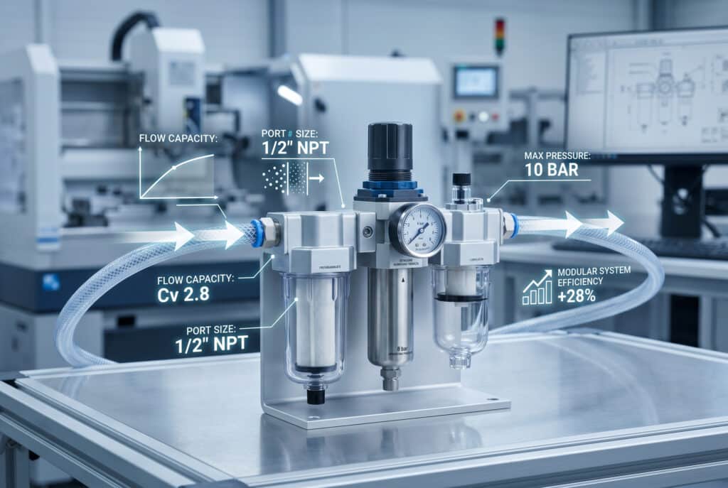 ภาพถ่ายผลิตภัณฑ์ความละเอียดสูงและอินโฟกราฟิกทางเทคนิคของหน่วย FRL (ตัวกรอง-ตัวควบคุม-ตัวหล่อลื่น) แบบโมดูลาร์ที่ซับซ้อนสำหรับระบบนิวเมติกส์ วางอยู่ในสภาพแวดล้อมการทดสอบบนโต๊ะทดลองในห้องปฏิบัติการมืออาชีพภาพนี้แสดงพารามิเตอร์การเลือกที่สำคัญซึ่งได้มาจากข้อความ พร้อมข้อมูลการอ่านค่าที่ชัดเจนและผสานแสงไว้: 'ความจุการไหล: Cv 2.8', 'ขนาดพอร์ต: 1/2" NPT', 'เกรดการกรอง: 5μm', 'ความดันในการทำงาน: 8 BAR', และ 'ประสิทธิภาพ +28%'.ลูกศรสีน้ำเงินเรืองแสงลากเส้นแสดงเส้นทางของกระแสอากาศผ่านแต่ละขั้นตอนของระบบโมดูลาร์ ซึ่งถูกกำหนดไว้อย่างชัดเจน.